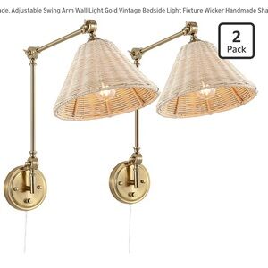Set of 2 Adjustable Swing Arm Wall Lights with Wicker Shades - Gold